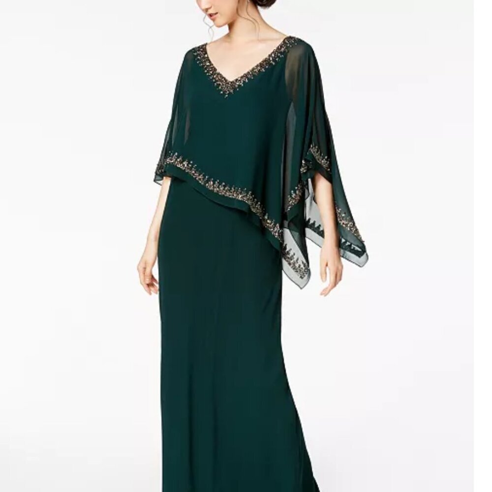 J Kara SZ 14 Hunter Green Cape Style Formal Gown Mother of Bride Black Tie